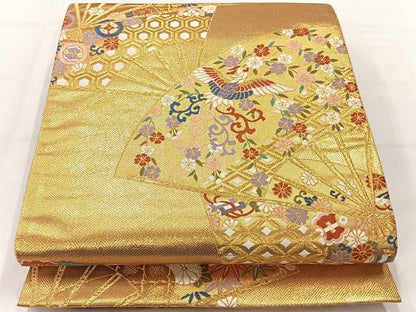 平和屋着物◎佐賀錦　六通柄袋帯　唐織　扇面花鳥文　金糸　正絹　逸品　AABH5453uk