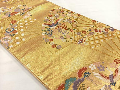 平和屋着物◎佐賀錦　六通柄袋帯　唐織　扇面花鳥文　金糸　正絹　逸品　AABH5453uk