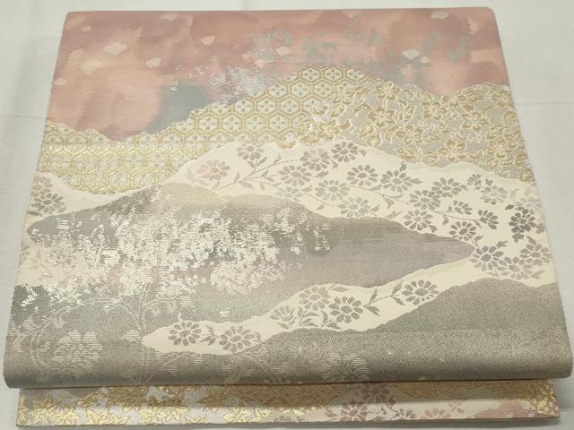 平和屋着物◎西陣 服部織物謹製 六通柄袋帯 こはく錦 霞花文 金銀糸 正絹 逸品 CABE4139ou