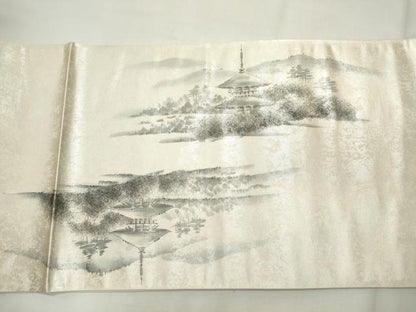 平和屋着物◎六通柄袋帯　作家物　手描き　風景文　引箔　正絹　逸品　CABE4147ou