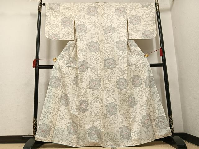 平和屋着物●本場大島紬　白大島　一元7マルキ　牡丹　正絹　逸品　未使用　AABH5321ph 平和屋着物○本場大島紬 白大島 一元7マルキ 牡丹 正絹 逸品 未使用