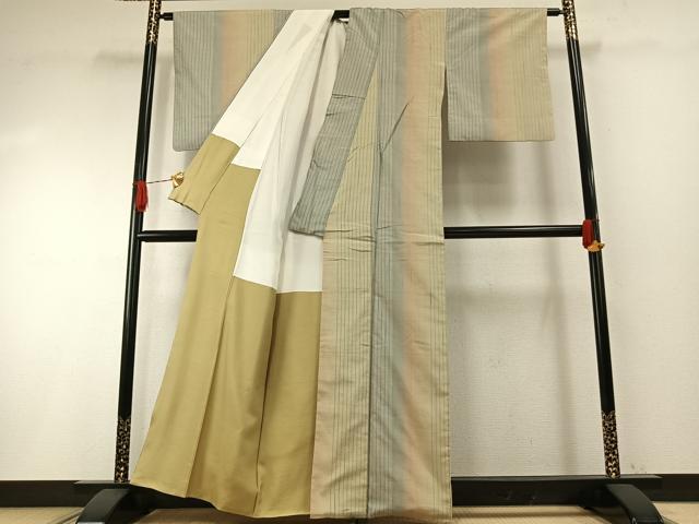 平和屋着物●紅花紬　米沢　縞　正絹　逸品　AABH4682fy