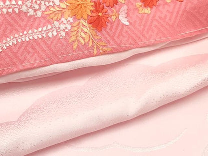 平和屋着物[]七五三　女の子　３歳　祝着　三つ身　長襦袢(無双仕立て・半衿刺繍)セット　絞り　鴛鴦花文　金彩　逸品　DABC5322ma