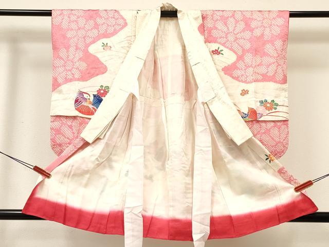 平和屋着物[]七五三　女の子　３歳　祝着　三つ身　長襦袢(無双仕立て・半衿刺繍)セット　絞り　鴛鴦花文　金彩　逸品　DABC5322ma