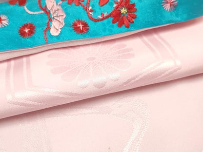 平和屋着物[]女の子　子供　長襦袢　無双仕立て　飛鶴亀甲菊地紋　撫子色　半衿刺繍　洗える着物　DABC5329ma