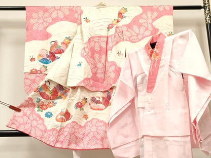 平和屋着物[]七五三　女の子　３歳　祝着　三つ身　長襦袢(無双仕立て・半衿刺繍)セット　絞り　鴛鴦花文　金彩　逸品　DABC5322ma