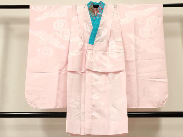 平和屋着物[]女の子　子供　長襦袢　無双仕立て　飛鶴亀甲菊地紋　撫子色　半衿刺繍　洗える着物　DABC5329ma