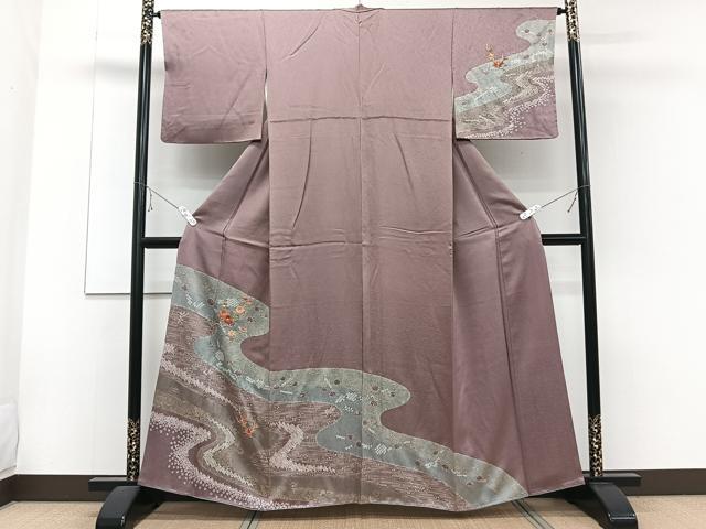 平和屋着物■訪問着 絞り 刺繍 流水草花文 金銀彩 正絹 逸品 CABE9651xi