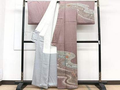 平和屋着物■訪問着 絞り 刺繍 流水草花文 金銀彩 正絹 逸品 CABE9651xi