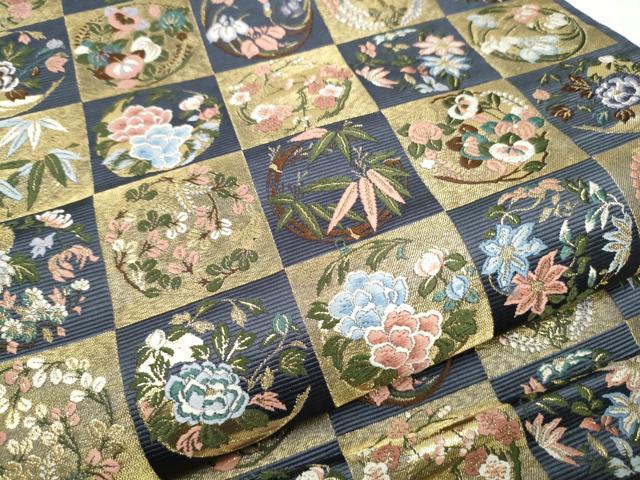平和屋着物●西陣の老舗　1782年創業　山下織物　六通柄袋帯　唐織　市松取四季花の丸　金糸　正絹　逸品　CABE8721hy