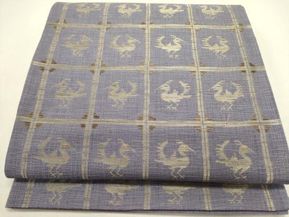 平和屋着物●六通柄袋帯　格子鳥文　金糸　正絹　逸品　DABE1343op