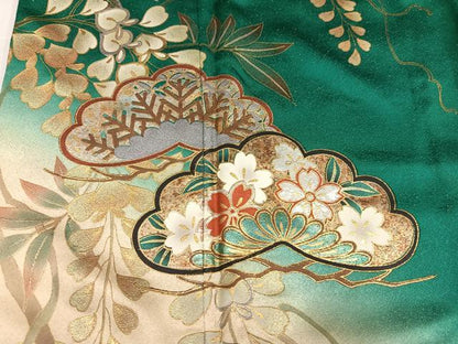 平和屋着物●豪華振袖　草花文　暈し染め　金銀彩　金通し地　正絹　逸品　AABH5370ph