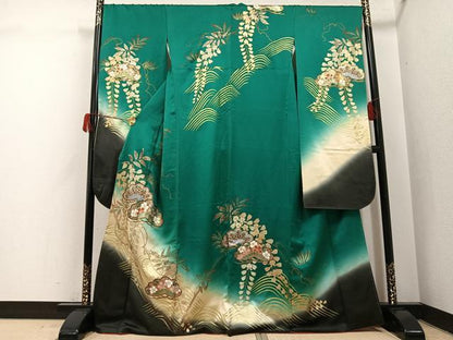 平和屋着物●豪華振袖　草花文　暈し染め　金銀彩　金通し地　正絹　逸品　AABH5370ph