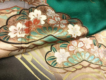 平和屋着物●豪華振袖　草花文　暈し染め　金銀彩　金通し地　正絹　逸品　AABH5370ph
