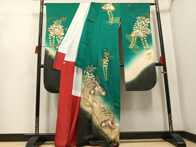 平和屋着物●豪華振袖　草花文　暈し染め　金銀彩　金通し地　正絹　逸品　AABH5370ph