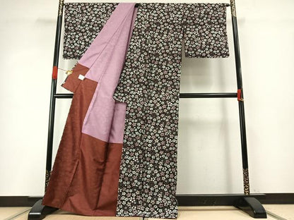 平和屋着物●小紋　花尽くし　黒地　洗える着物　AABH4753fy