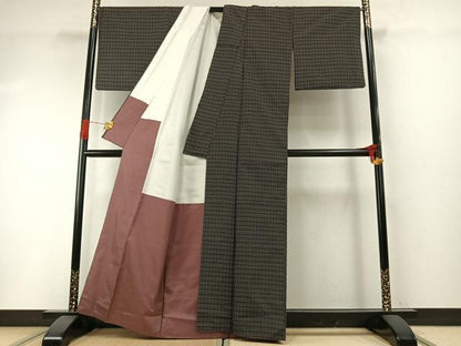 平和屋着物●本場縞大島紬　格子　黒地　正絹　逸品　AABH4743fy