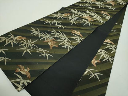 平和屋着物●六通柄袋帯　唐織　笹竹に雀　黒地　正絹　逸品　DABE5057ps