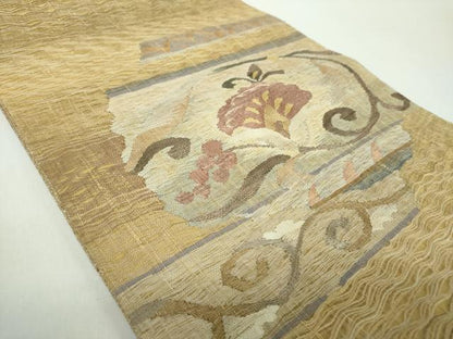 平和屋着物▽袋帯　スリーシーズン　春夏秋　すくい織　更紗花文　金糸　正絹　逸品　DABE5036ps