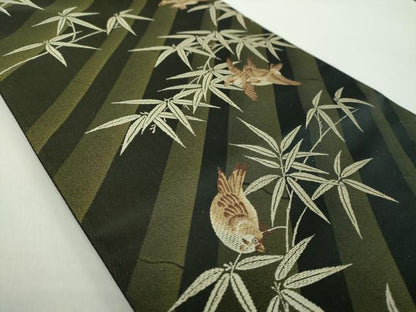 平和屋着物●六通柄袋帯　唐織　笹竹に雀　黒地　正絹　逸品　DABE5057ps
