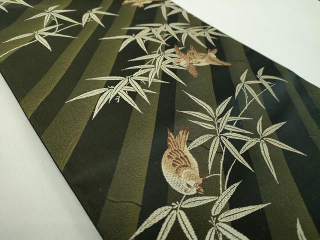 平和屋着物●六通柄袋帯　唐織　笹竹に雀　黒地　正絹　逸品　DABE5057ps