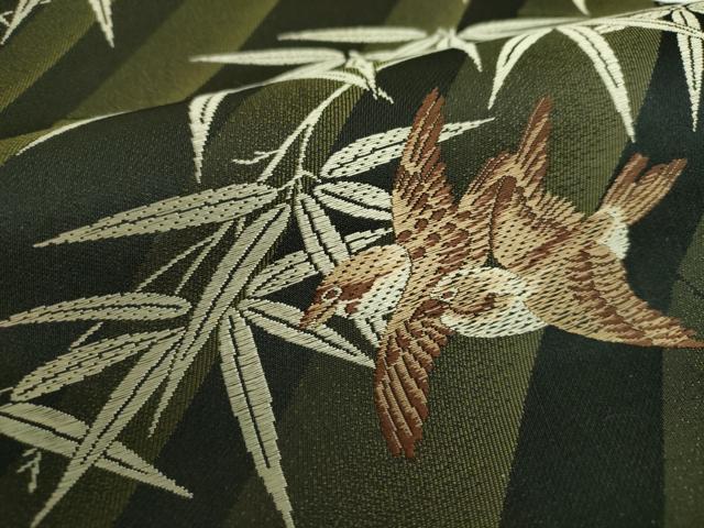 平和屋着物●六通柄袋帯　唐織　笹竹に雀　黒地　正絹　逸品　DABE5057ps