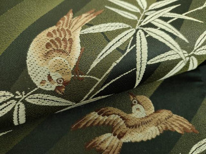 平和屋着物●六通柄袋帯　唐織　笹竹に雀　黒地　正絹　逸品　DABE5057ps