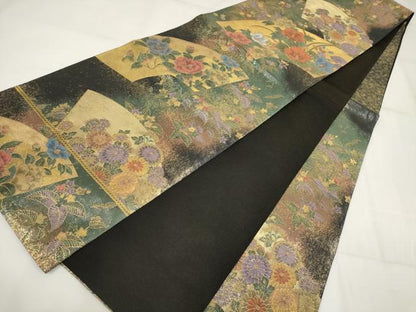 平和屋着物▼六通柄袋帯　地紙花文　金糸　正絹　逸品　AABH1757wj