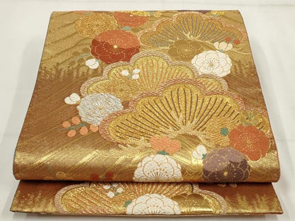 平和屋着物▼両面六通柄袋帯　流水花松文　金銀糸　正絹　逸品　AABH1787wj