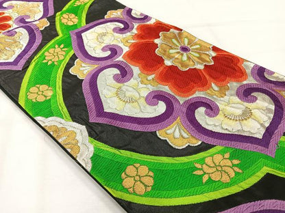 平和屋着物◎六通柄袋帯　唐織　正倉院花文　黒地　金銀糸　正絹　逸品　AABH5485uk
