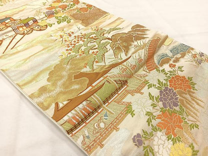 平和屋着物◎六通柄袋帯　唐織　風景花文　金糸　正絹　逸品　AABH5476uk
