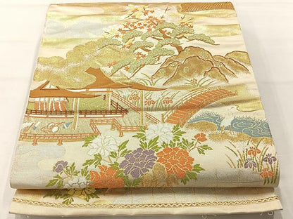 平和屋着物◎六通柄袋帯　唐織　風景花文　金糸　正絹　逸品　AABH5476uk