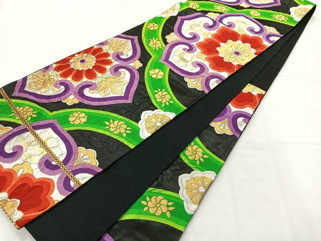 平和屋着物◎六通柄袋帯　唐織　正倉院花文　黒地　金銀糸　正絹　逸品　AABH5485uk