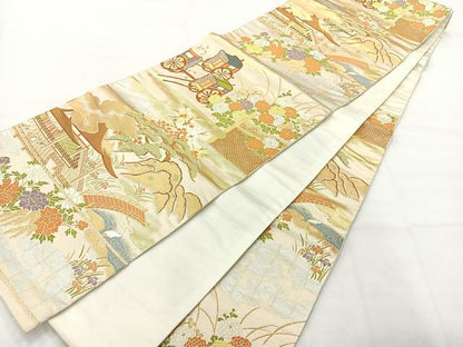 平和屋着物◎六通柄袋帯　唐織　風景花文　金糸　正絹　逸品　AABH5476uk
