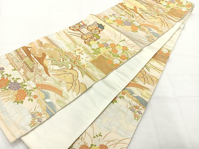 平和屋着物◎六通柄袋帯　唐織　風景花文　金糸　正絹　逸品　AABH5476uk