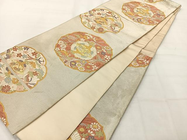 平和屋着物◎六通柄袋帯 唐織 翡翠錦 双鶴花文 銀糸 正絹 逸品 AABH5463uk