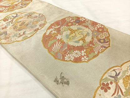 平和屋着物◎六通柄袋帯 唐織 翡翠錦 双鶴花文 銀糸 正絹 逸品 AABH5463uk