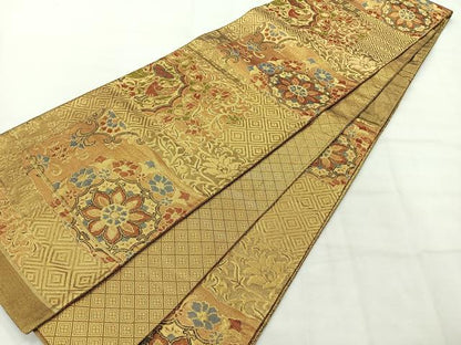 平和屋着物◎佐賀錦 六通柄袋帯 花鳥文 金糸 正絹 逸品 AABH5465uk