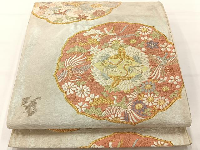平和屋着物◎六通柄袋帯 唐織 翡翠錦 双鶴花文 銀糸 正絹 逸品 AABH5463uk
