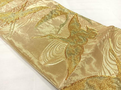 平和屋着物◎六通柄袋帯　駒刺繍　流水飛鶴文　金糸　正絹　逸品　AABH5469uk