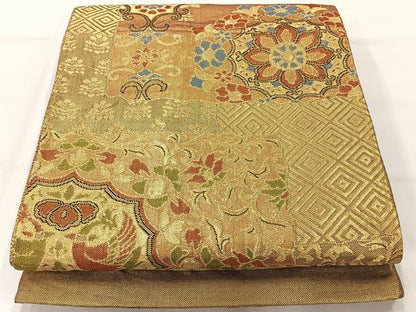 平和屋着物◎佐賀錦 六通柄袋帯 花鳥文 金糸 正絹 逸品 AABH5465uk