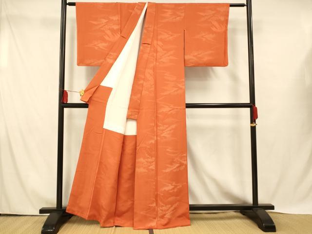 平和屋着物■上質な色無地 風景地紋 赤橙色 正絹 逸品 AABH4453fw