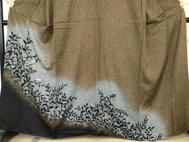 平和屋着物●訪問着　刺繍　鹿の子笹丸文　枝葉シルエット　暈し染め　金彩　金銀糸　正絹　逸品　AABH3742cs