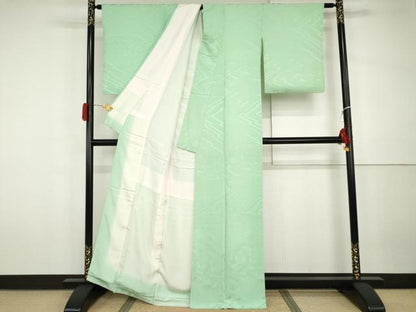 平和屋着物●上質な色無地　吉祥草花地紋　薄萌葱色　正絹　逸品　AABH3765cs