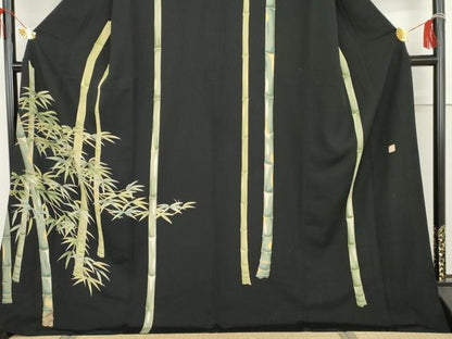 平和屋着物●名門染元　秀美　十日町友禅　龍谷　訪問着　笹竹文　黒地　ロング丈　正絹　逸品　AABH3751cs