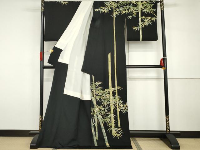 平和屋着物●名門染元　秀美　十日町友禅　龍谷　訪問着　笹竹文　黒地　ロング丈　正絹　逸品　AABH3751cs