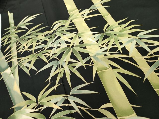平和屋着物●名門染元　秀美　十日町友禅　龍谷　訪問着　笹竹文　黒地　ロング丈　正絹　逸品　AABH3751cs