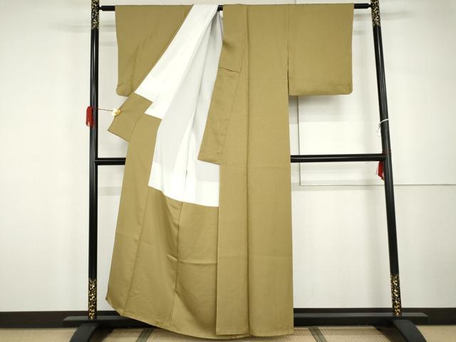 平和屋着物●上質な色無地　鳳凰花地紋　青朽葉色　正絹　逸品　AABH3764cs