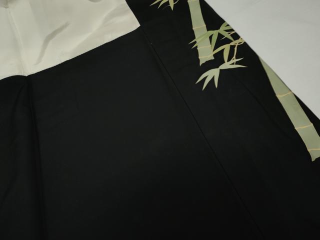 平和屋着物●名門染元　秀美　十日町友禅　龍谷　訪問着　笹竹文　黒地　ロング丈　正絹　逸品　AABH3751cs