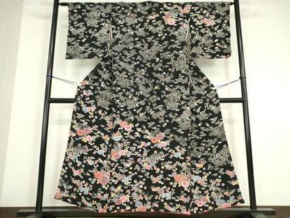 平和屋着物●訪問着　型染　吉祥花尽くし文　黒地　正絹　逸品　DABE4011az